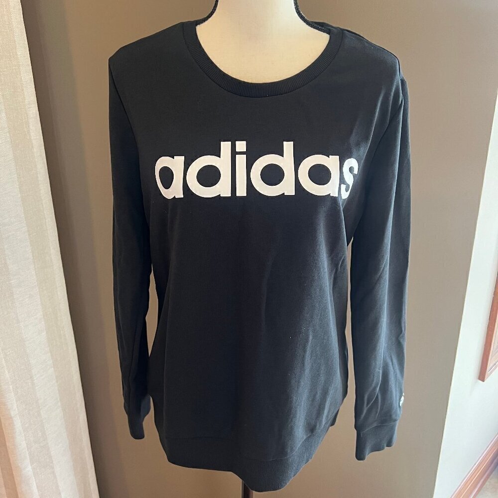 NWT Women's Adidas Essentials Linear Crew Sweatshirt, Black/White, Size Large